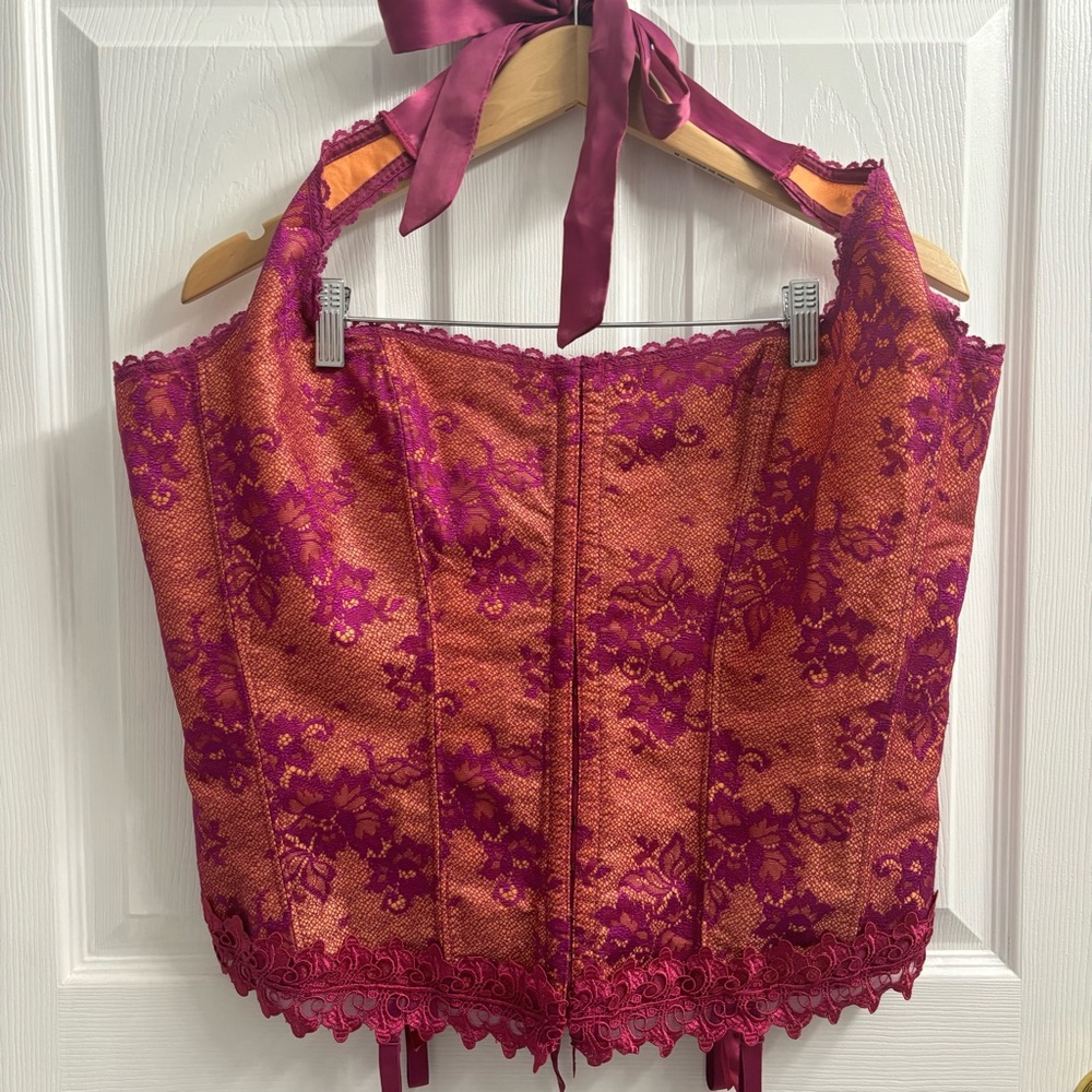 Fredericks of Hollywood Dream Halter Corset Top Fuschia Lace Y2K Sexy Lingerie